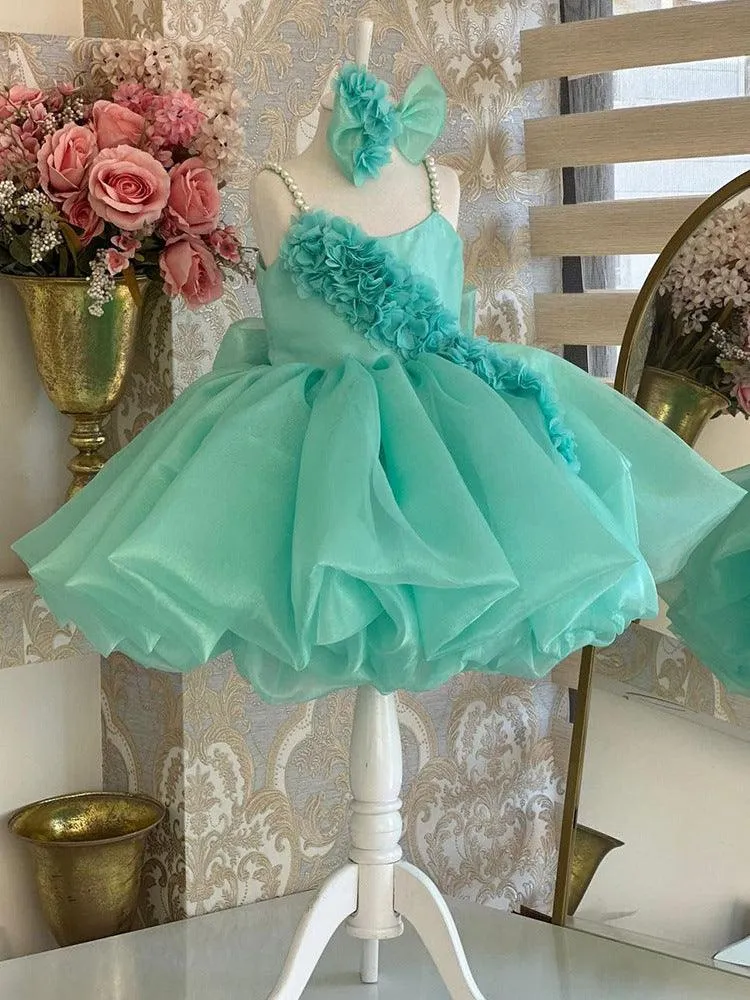 Girls Pearl Sling Dress Flower Sweet Birthday Party Evening Dress