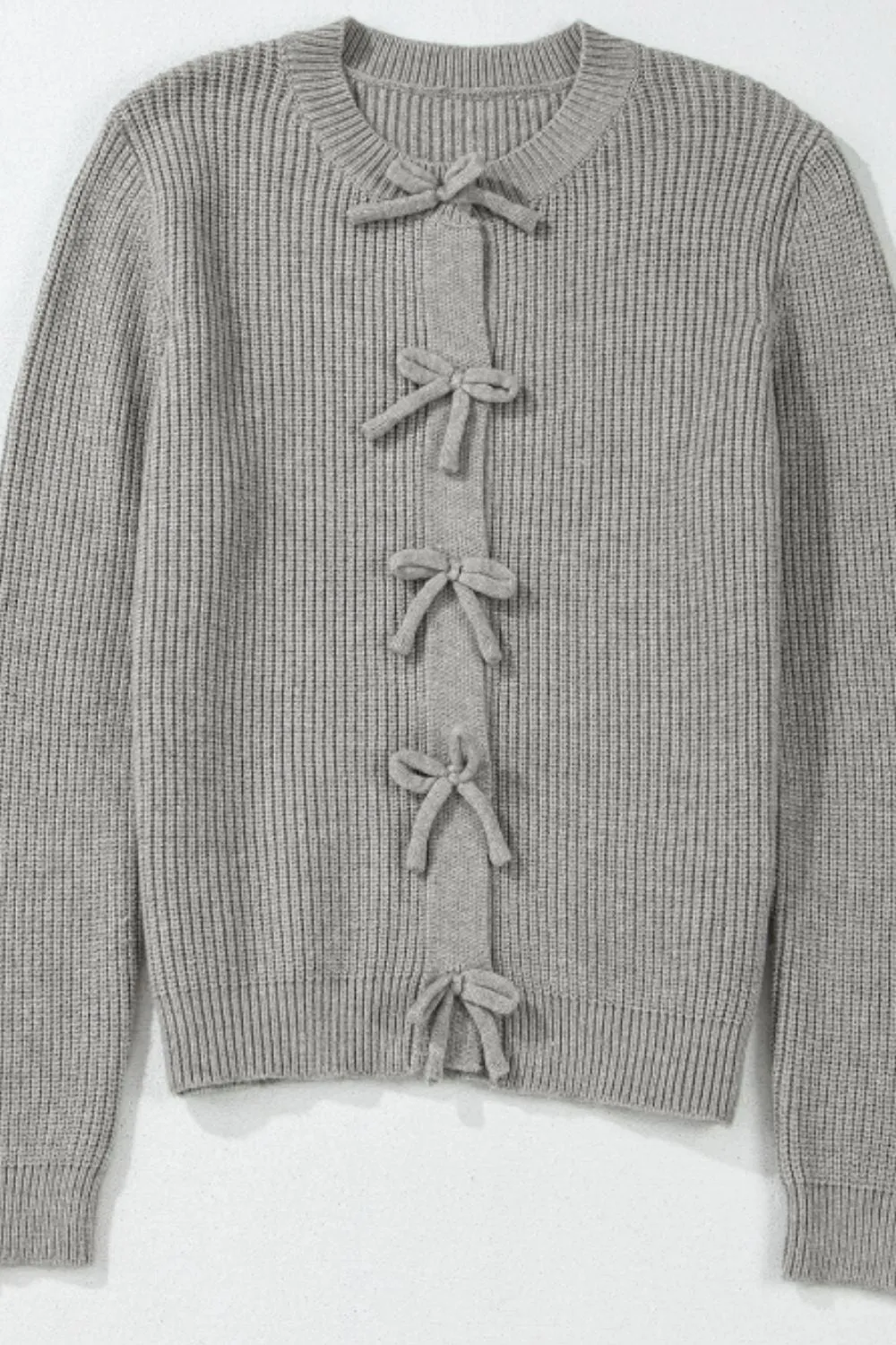 Gray Women's Sweater with Brows Tie Knit Cute and Pretty Bow Round Neck Long Sleeve Cardigan