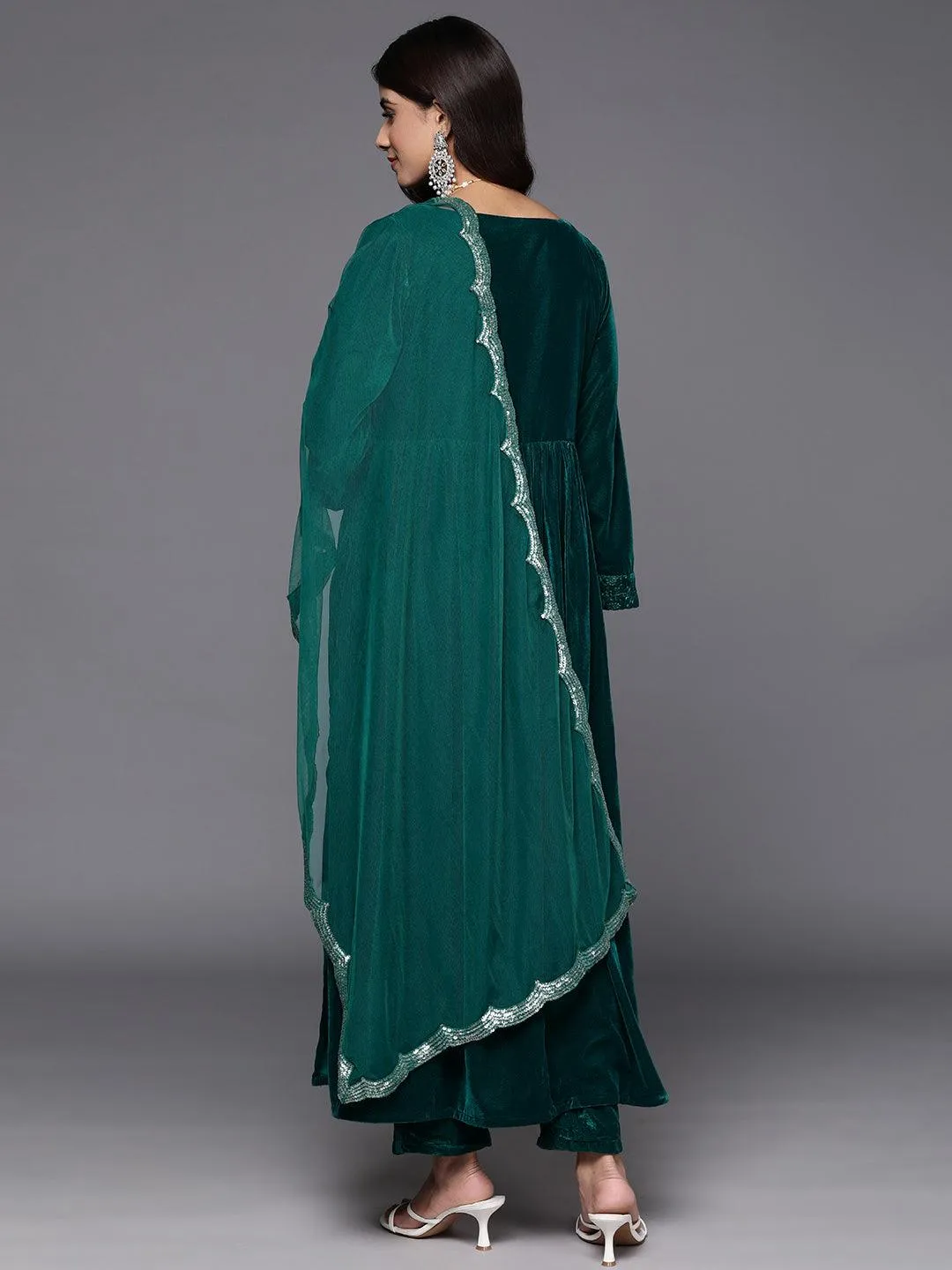 Green Embroidered Velvet A-Line Kurta With Trousers & Dupatta