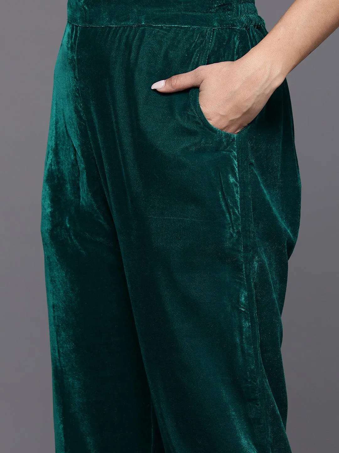 Green Embroidered Velvet A-Line Kurta With Trousers & Dupatta