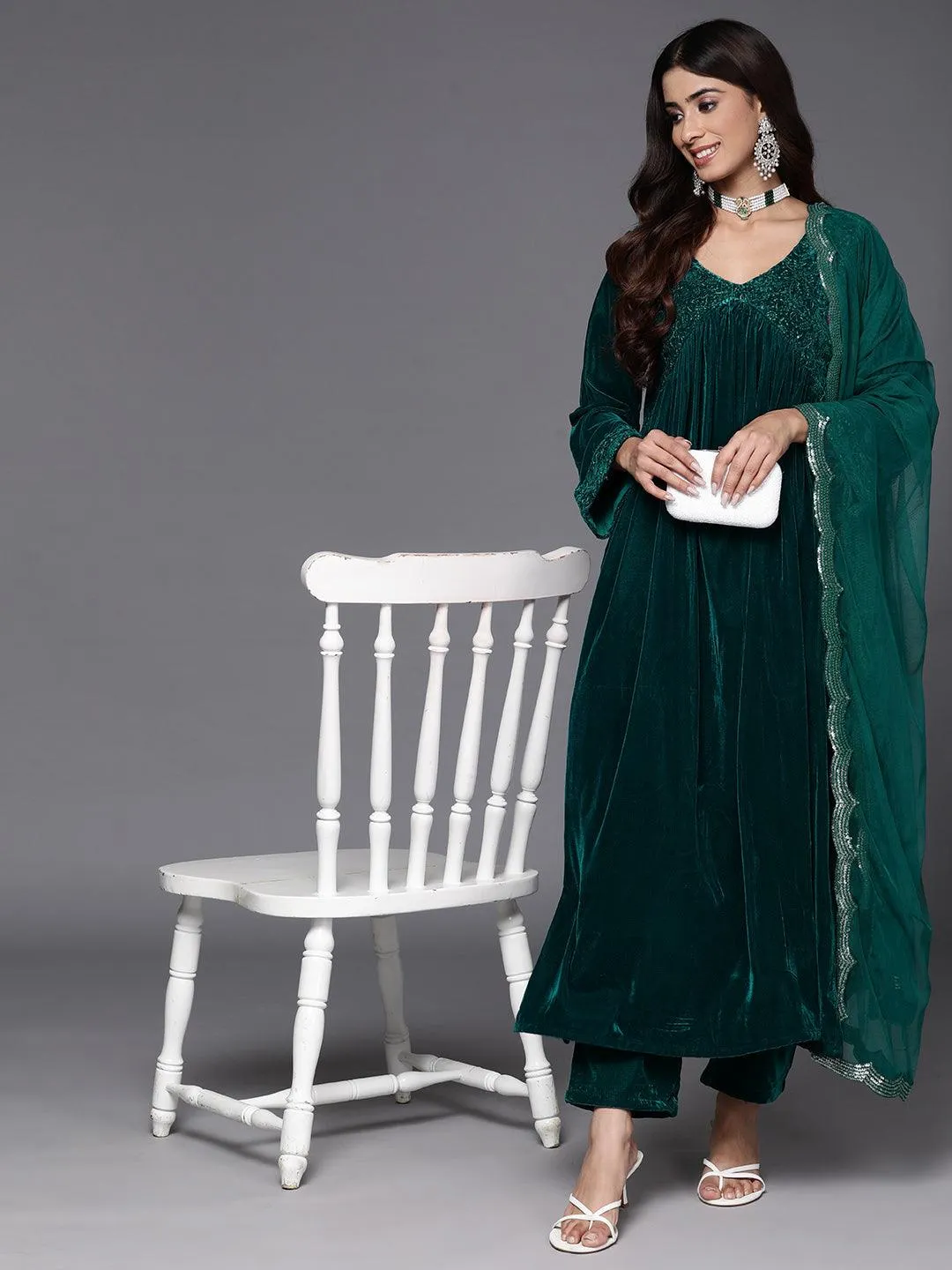 Green Embroidered Velvet A-Line Kurta With Trousers & Dupatta