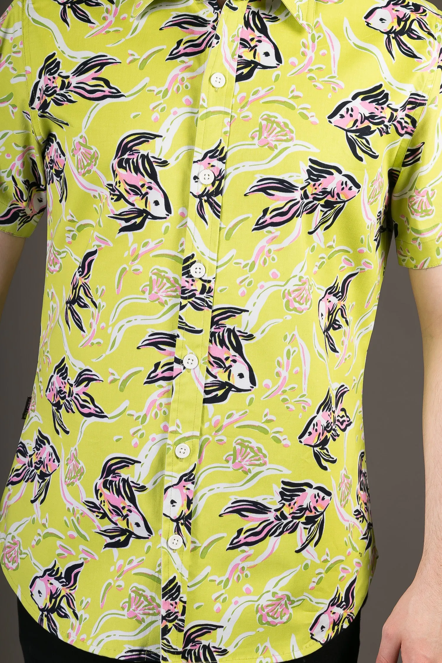 Green Fish Print Cotton Slim Fit Mens Shirt Short Sleeve