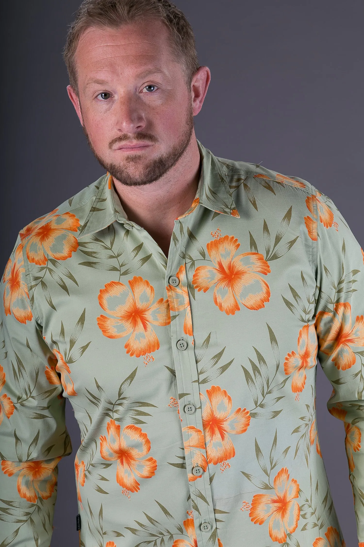 Green Orange Floral Aloha Print Cotton Slim and Regular Fit Mens Shirt Long Sleeve