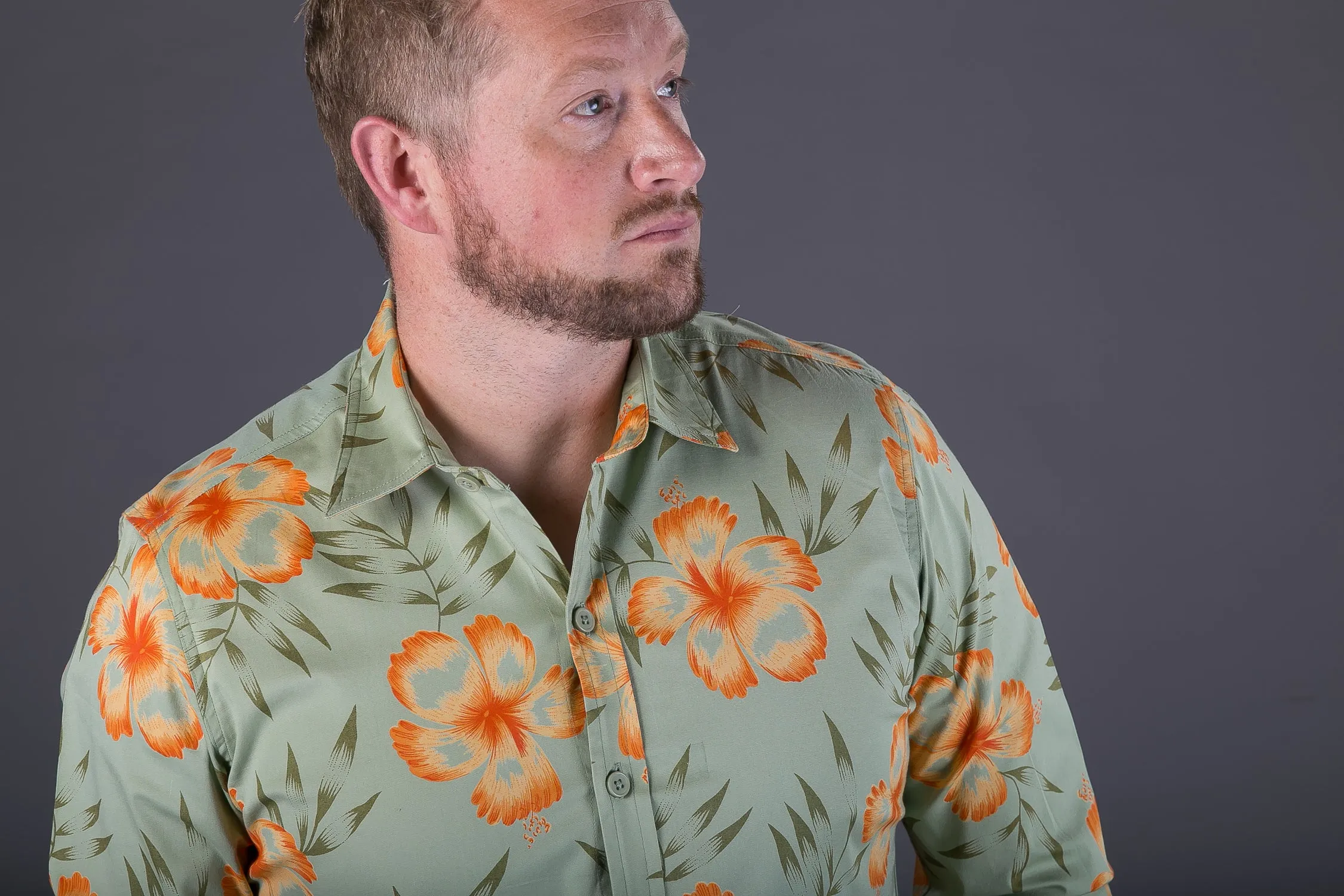 Green Orange Floral Aloha Print Cotton Slim and Regular Fit Mens Shirt Long Sleeve