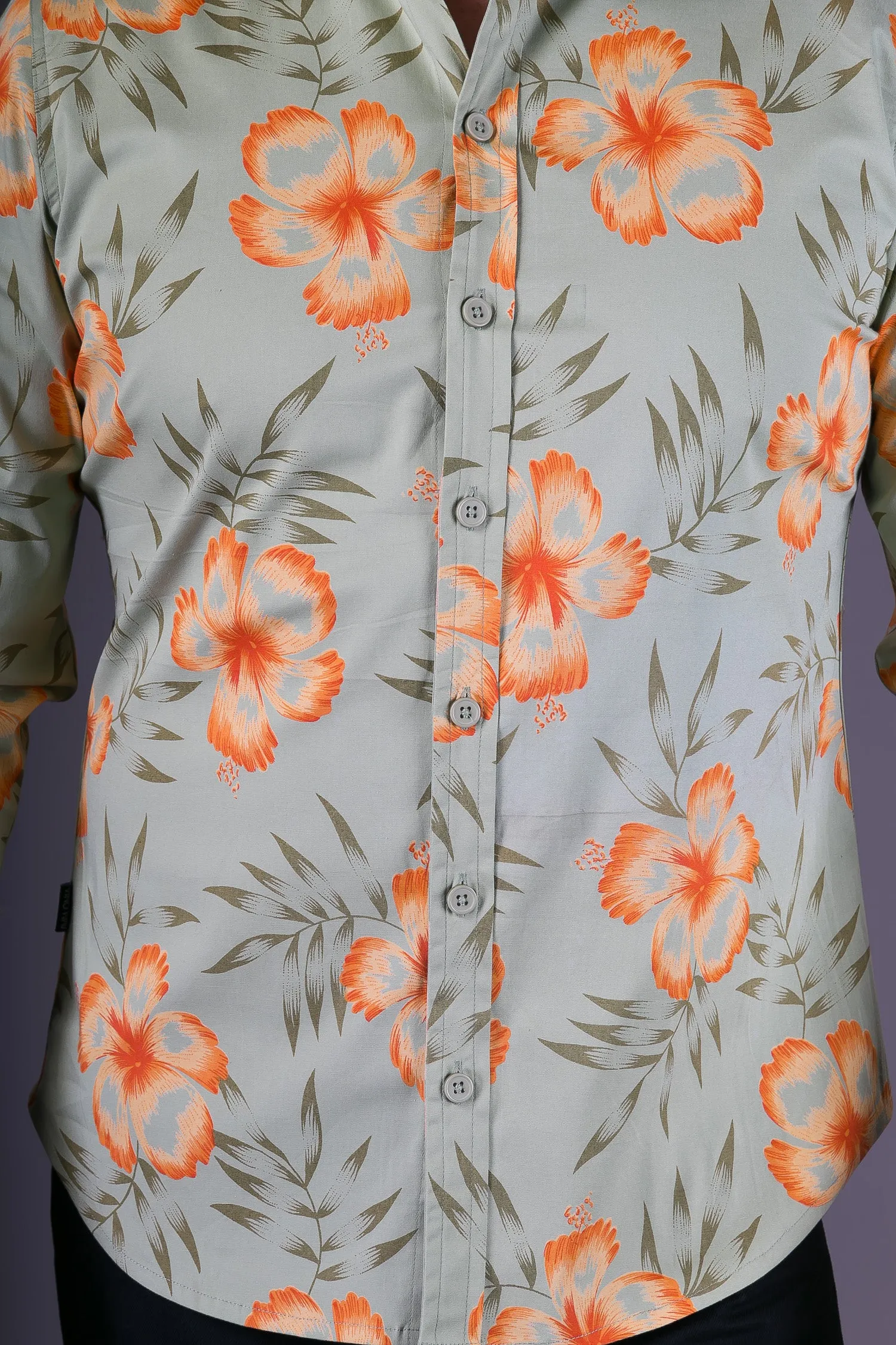 Green Orange Floral Aloha Print Cotton Slim and Regular Fit Mens Shirt Long Sleeve