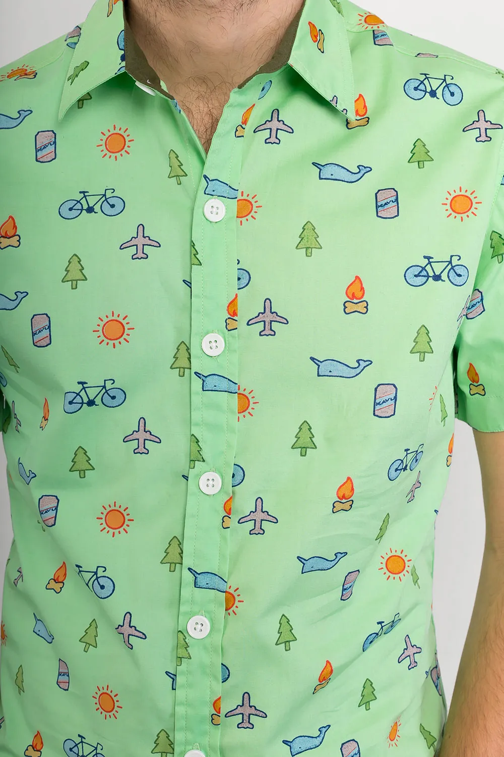 Green Whale Plane Bike Tree Print Cotton Slim Fit Mens Shirt Short Sleeve