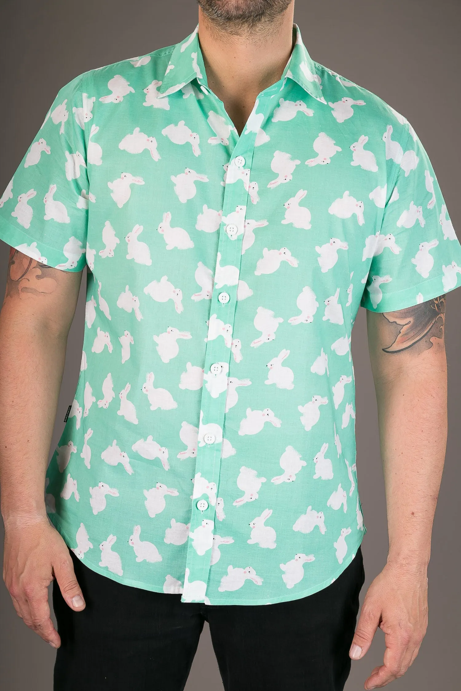 Green White Rabbit Print Cotton Slim Fit Mens Shirt Short Sleeve