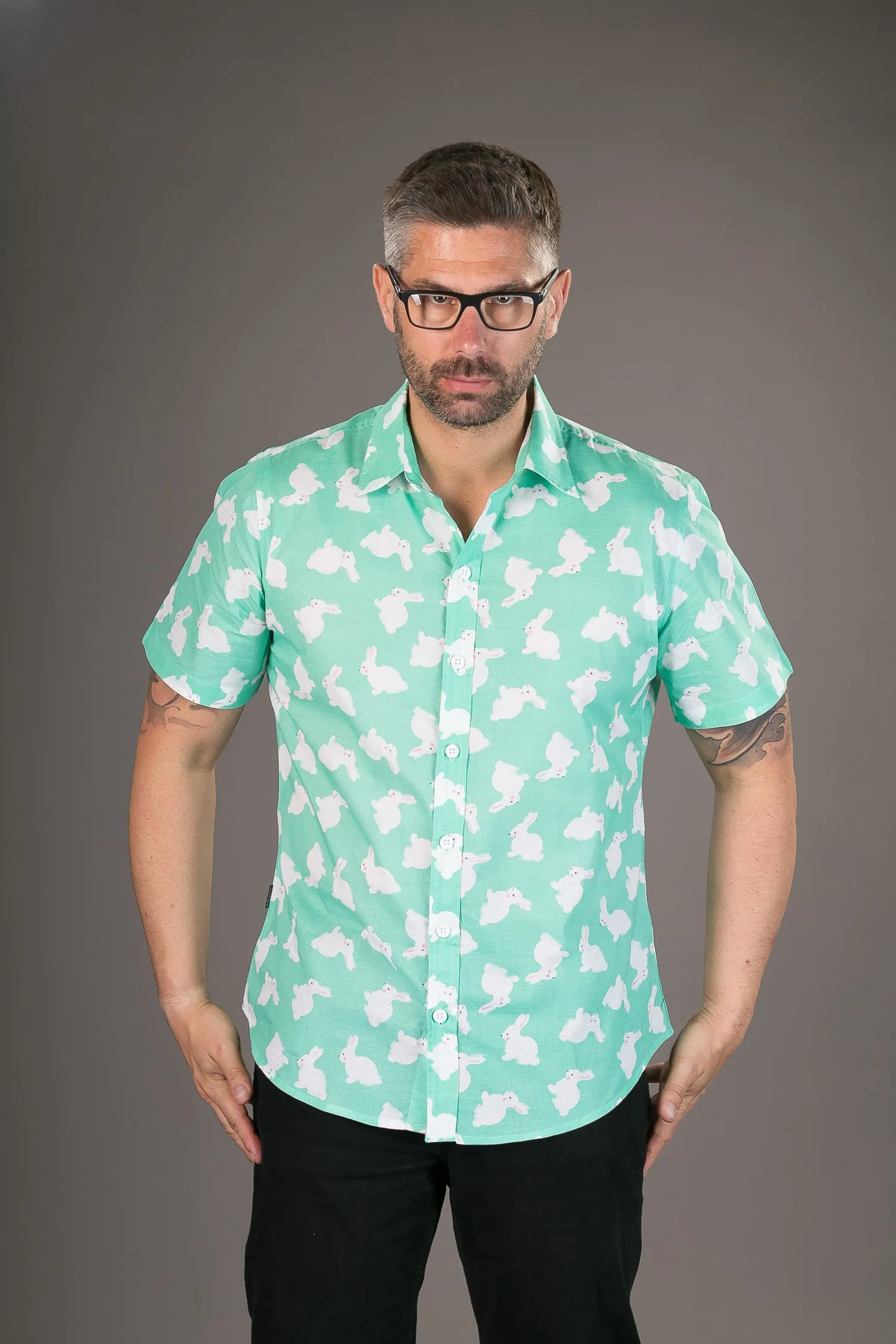 Green White Rabbit Print Cotton Slim Fit Mens Shirt Short Sleeve