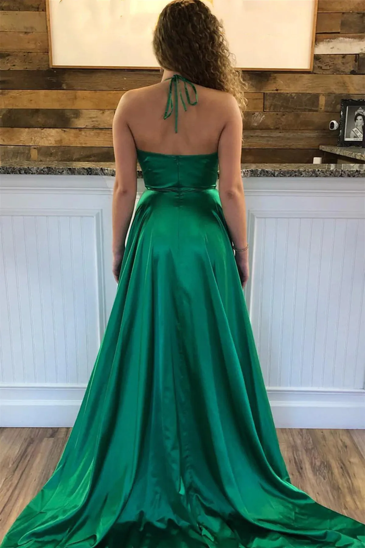 Halter V Neck Backless Green Satin Long Prom Dresses with High Slit, Backless Green Formal Graduation Evening Dresses