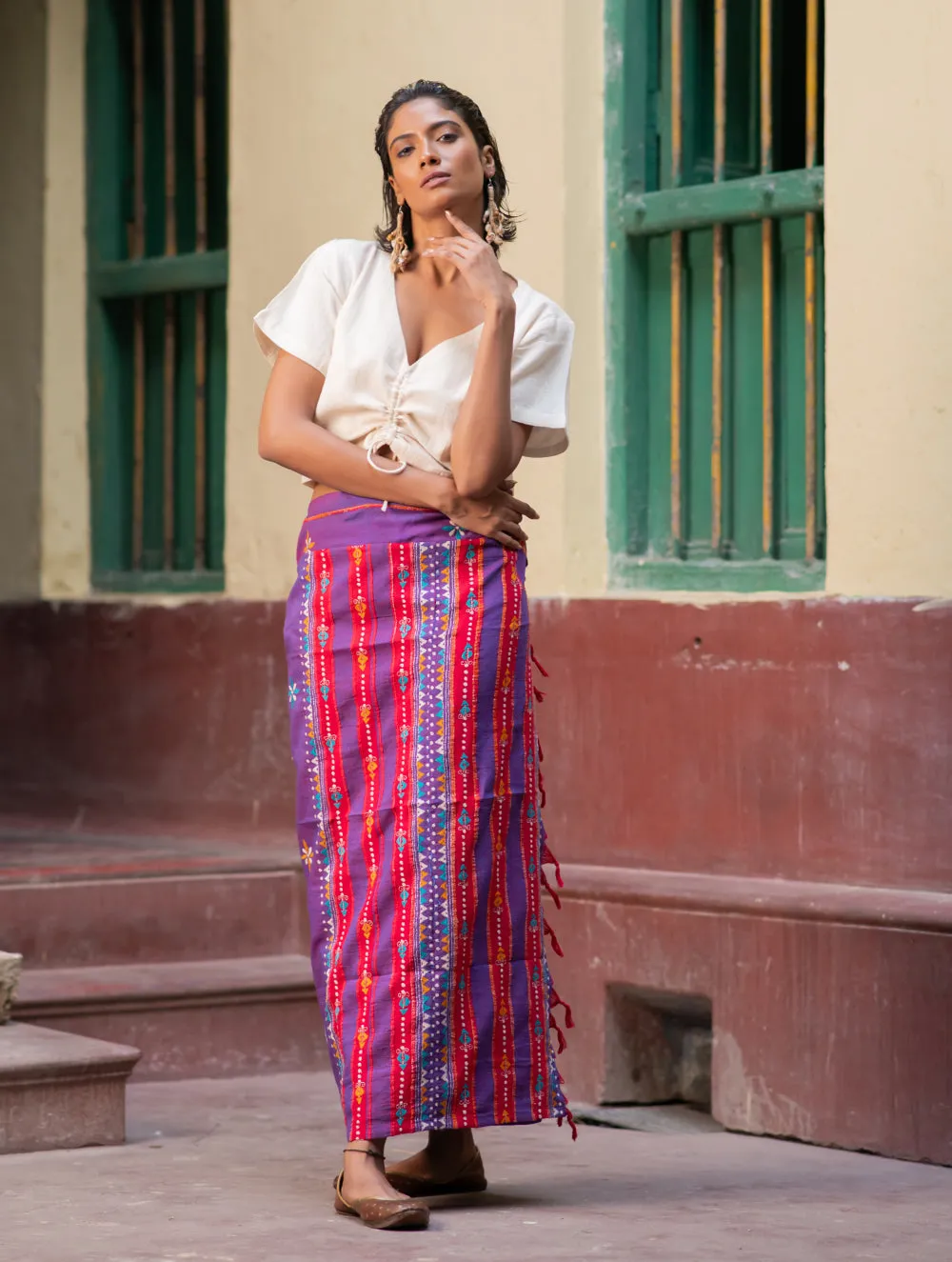 Handwoven Khesh & Kantha Embroidered Cotton Wrap Skirt - Grape