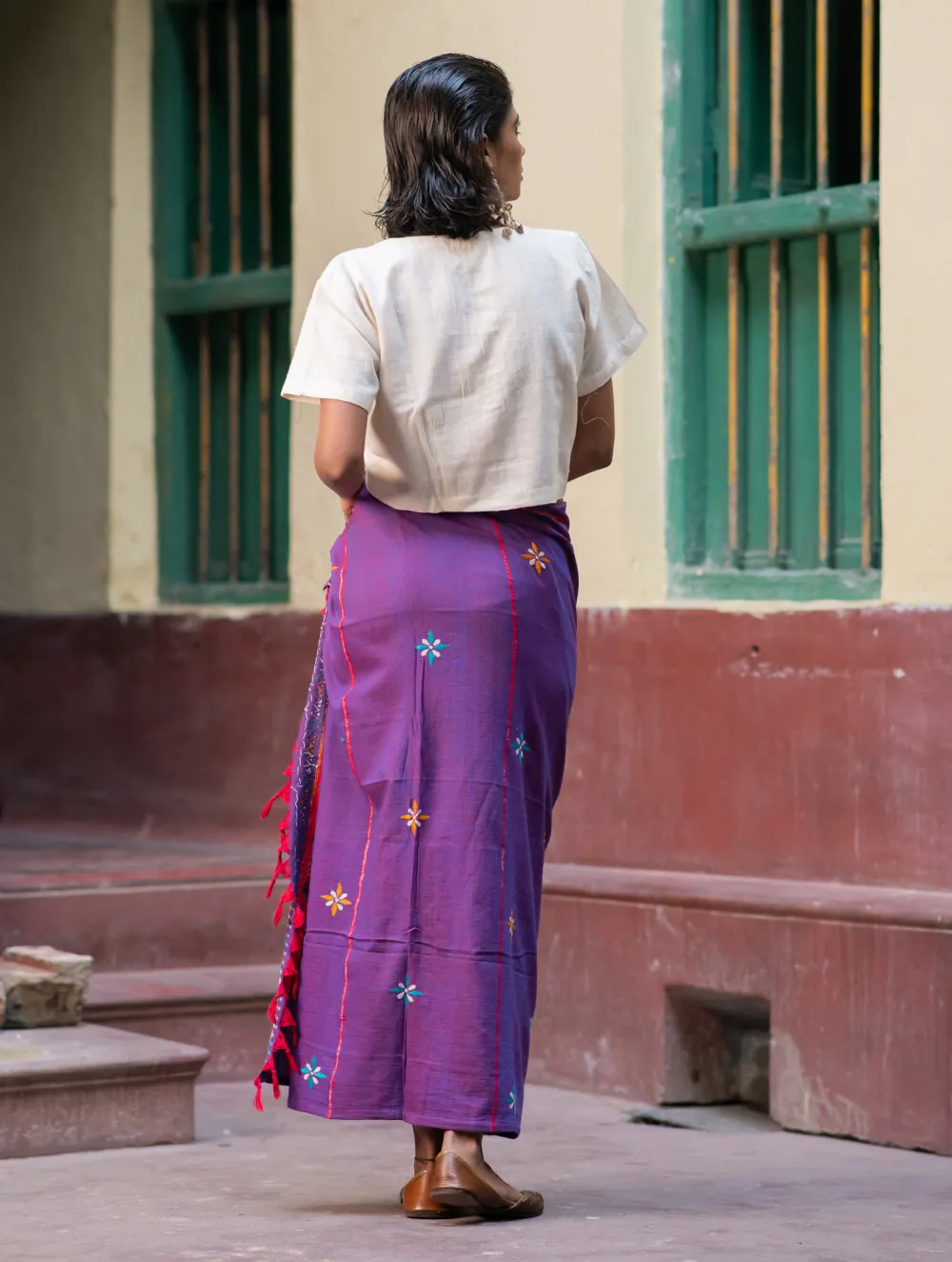 Handwoven Khesh & Kantha Embroidered Cotton Wrap Skirt - Grape