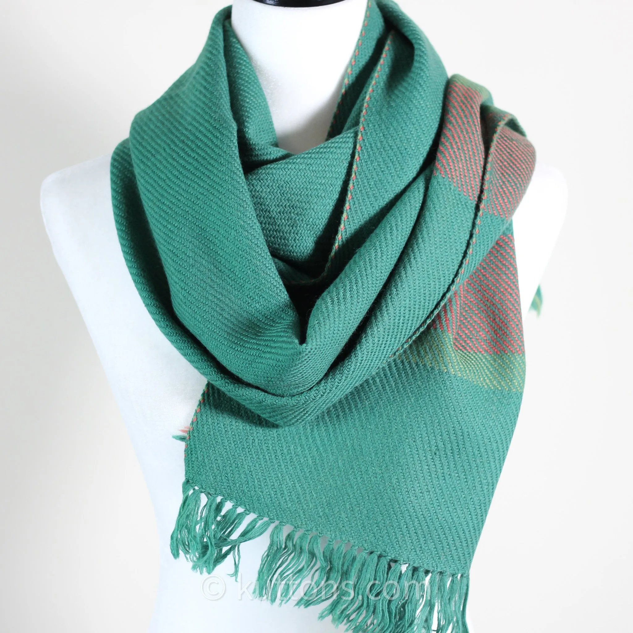 Handwoven Merino & Himalayan Woolen Scarf - Naturally Dyed with Indigo, Madder & Tesu Flowers | Green, 13"x78"