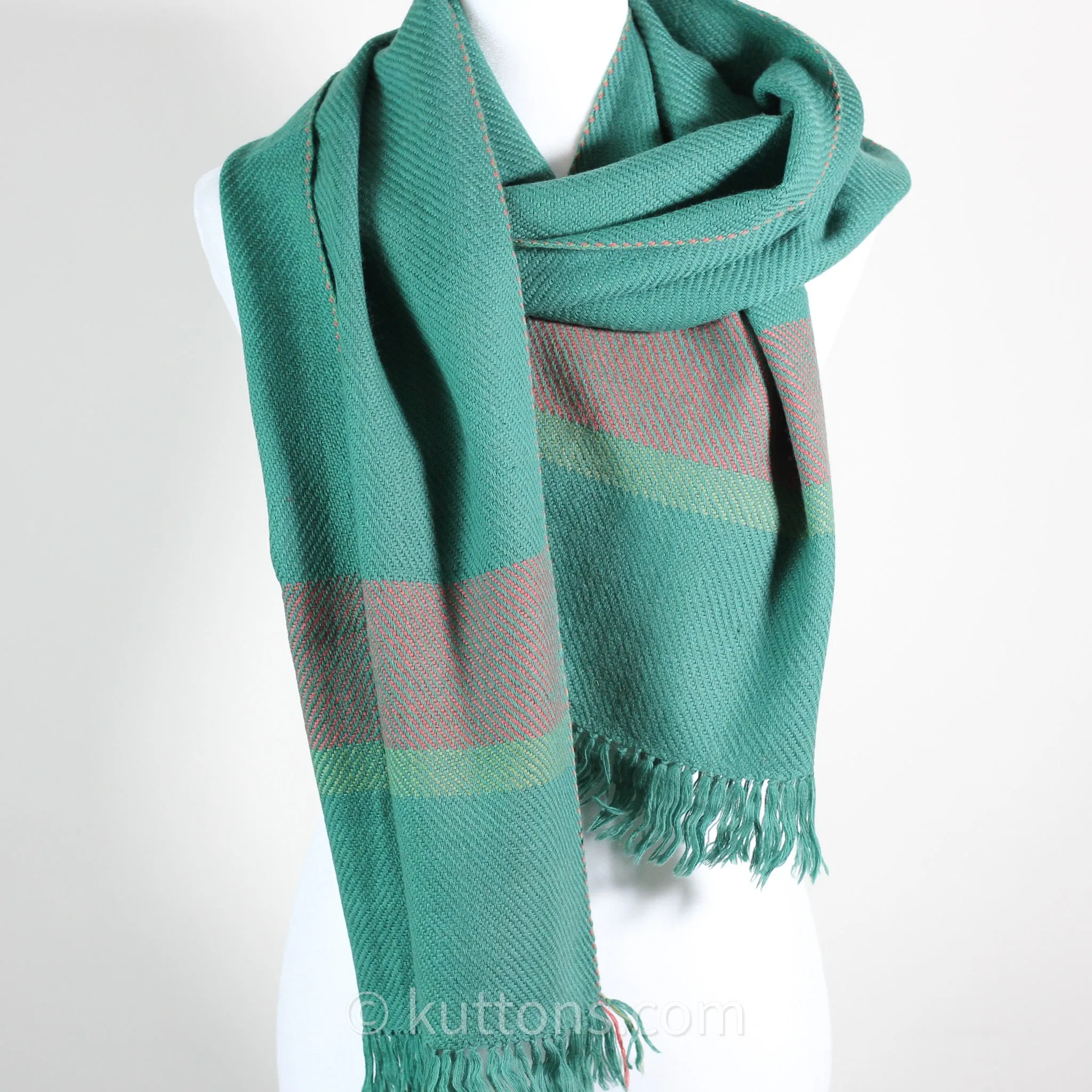 Handwoven Merino & Himalayan Woolen Scarf - Naturally Dyed with Indigo, Madder & Tesu Flowers | Green, 13"x78"