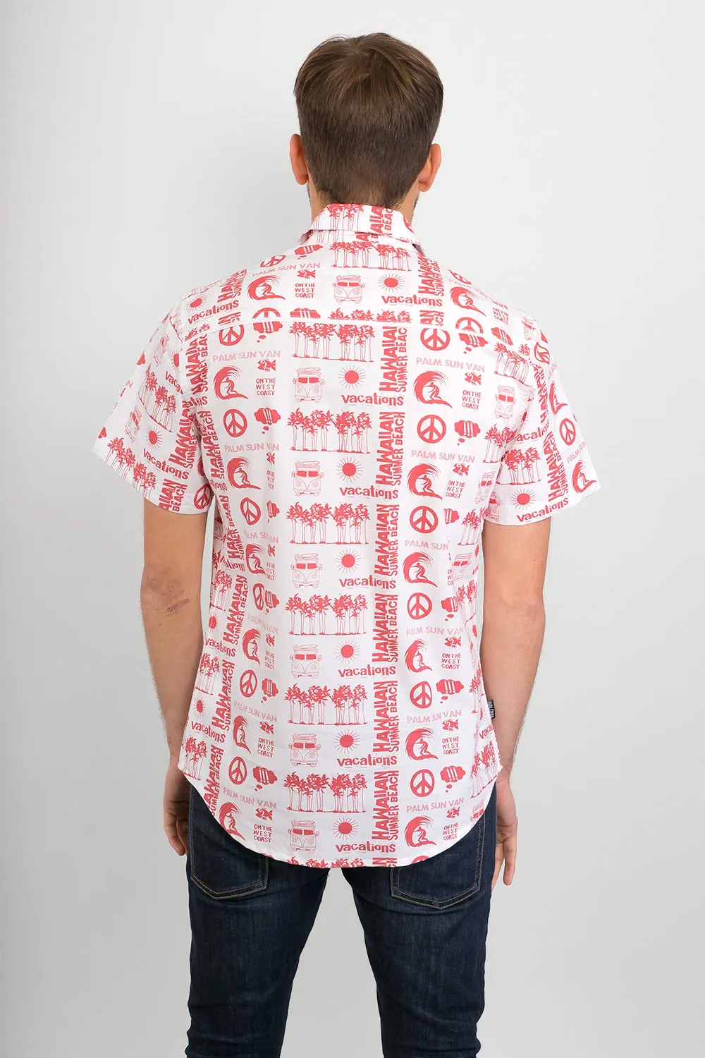 Hawaiian Campervan White Print Cotton Slim-Fit Mens Shirt Short Sleeve