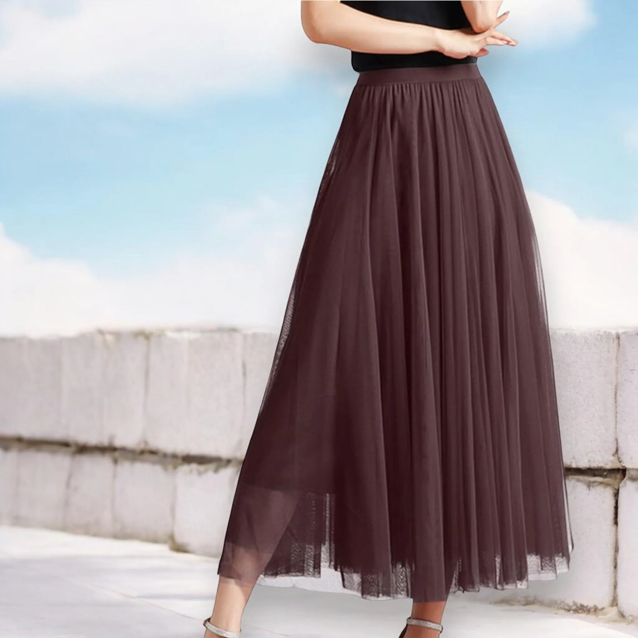 High Waist Multi Layer Tulle Midi Skirt