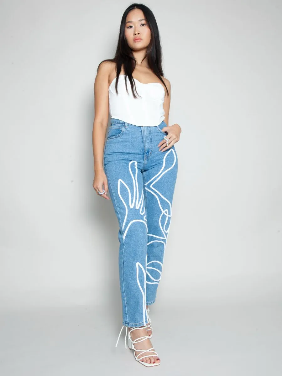 High Waisted Organic & Recycled Floral Trim Blue Jeans