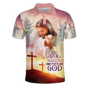 Jesus Holding Lamb One Nation Under God Polo Shirt - Christian Shirts & Shorts