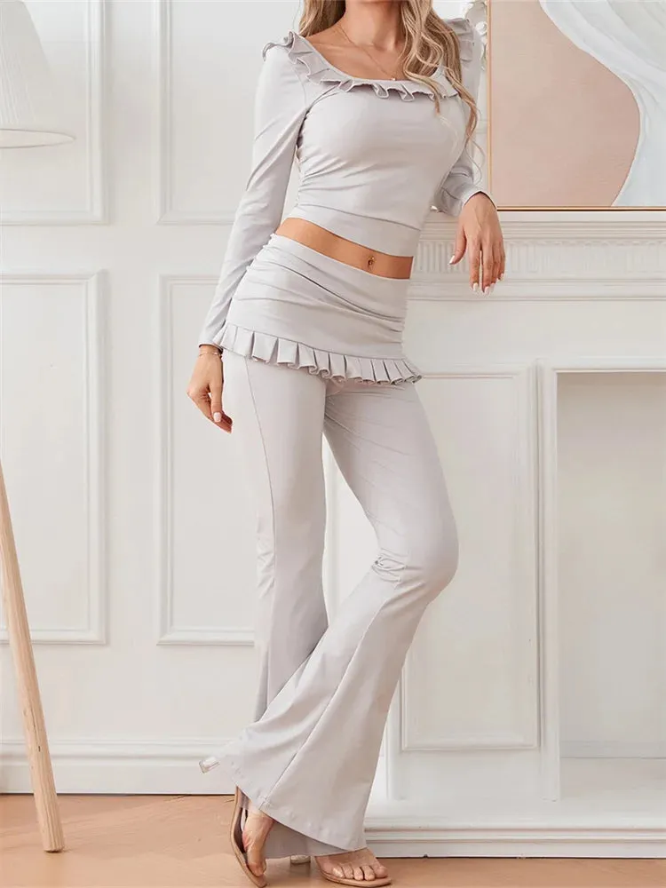 JuliaFashion - Women Spring Solid Frills Flared Pants Clubwear Suits