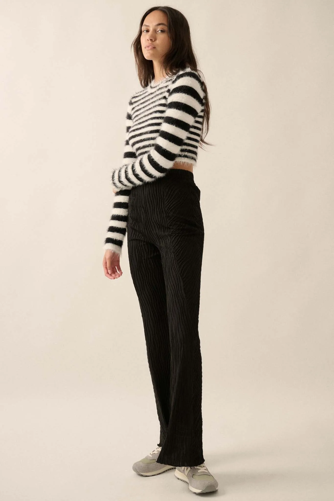 Just Flow With It Wavy Ribbed-Knit Flare Pants