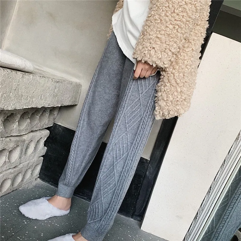 JXMYY Winter Thicken Women Harem Pants Casual Drawstring Twisted Knitted Pants