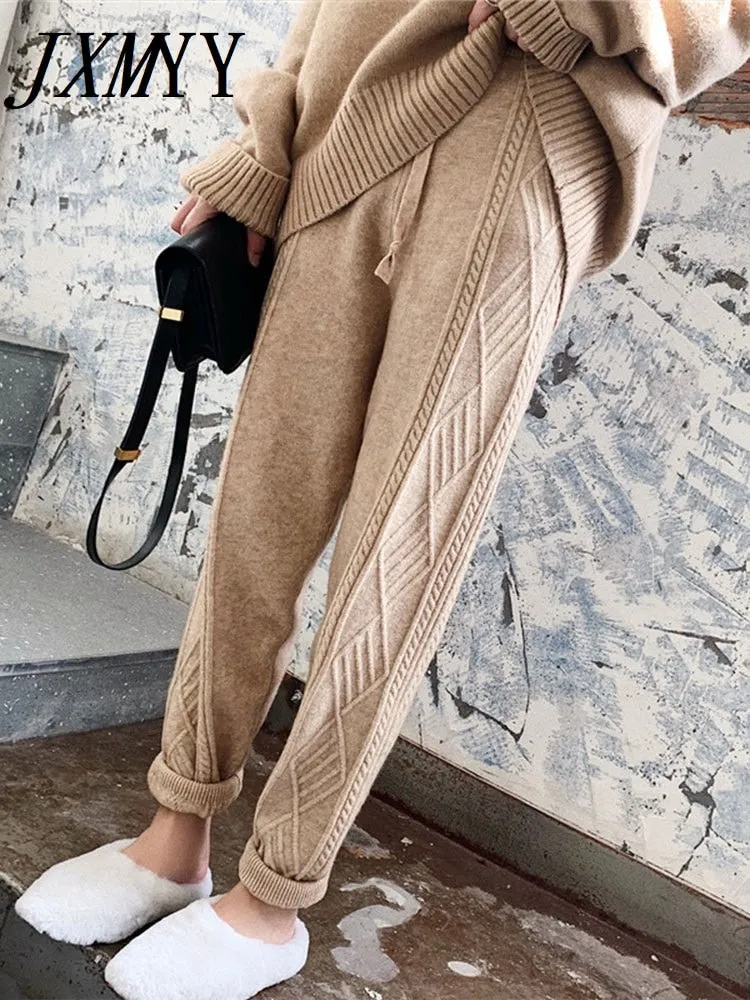 JXMYY Winter Thicken Women Harem Pants Casual Drawstring Twisted Knitted Pants