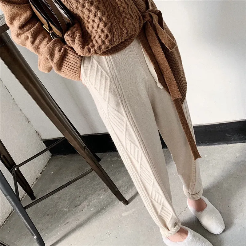 JXMYY Winter Thicken Women Harem Pants Casual Drawstring Twisted Knitted Pants