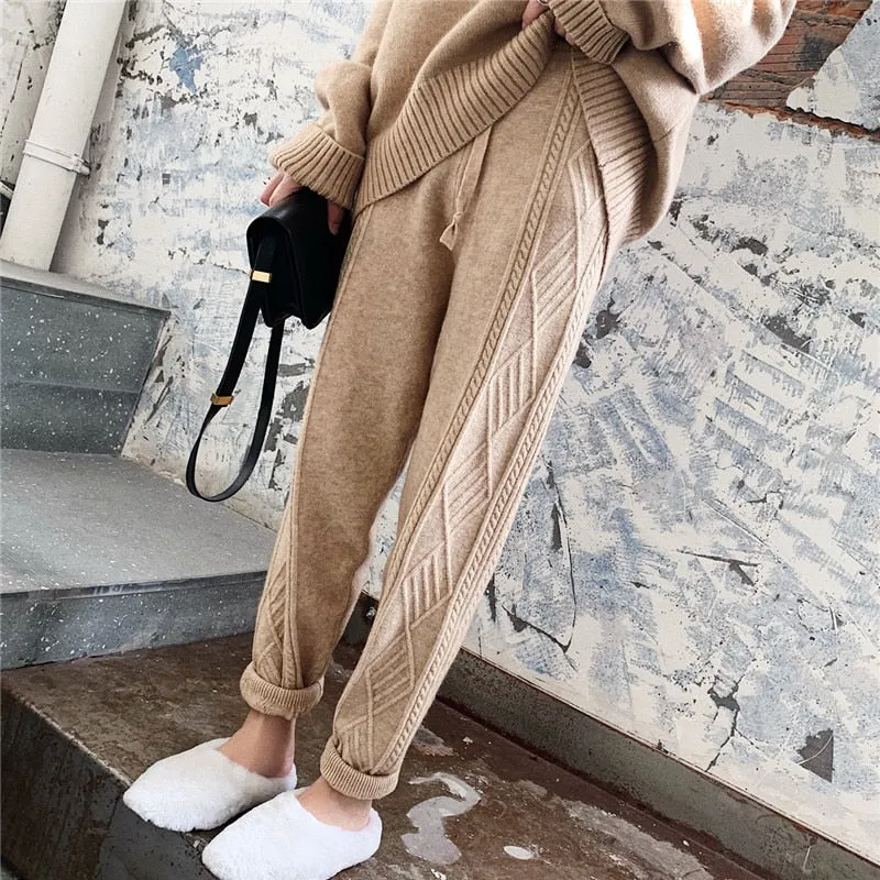 JXMYY Winter Thicken Women Harem Pants Casual Drawstring Twisted Knitted Pants