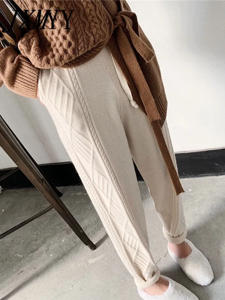 JXMYY Winter Thicken Women Harem Pants Casual Drawstring Twisted Knitted Pants