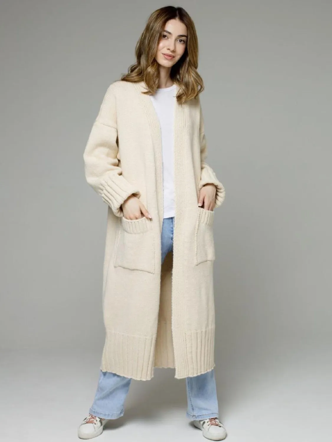 kesley Pocketed Open Front Dropped Shoulder Cardigan