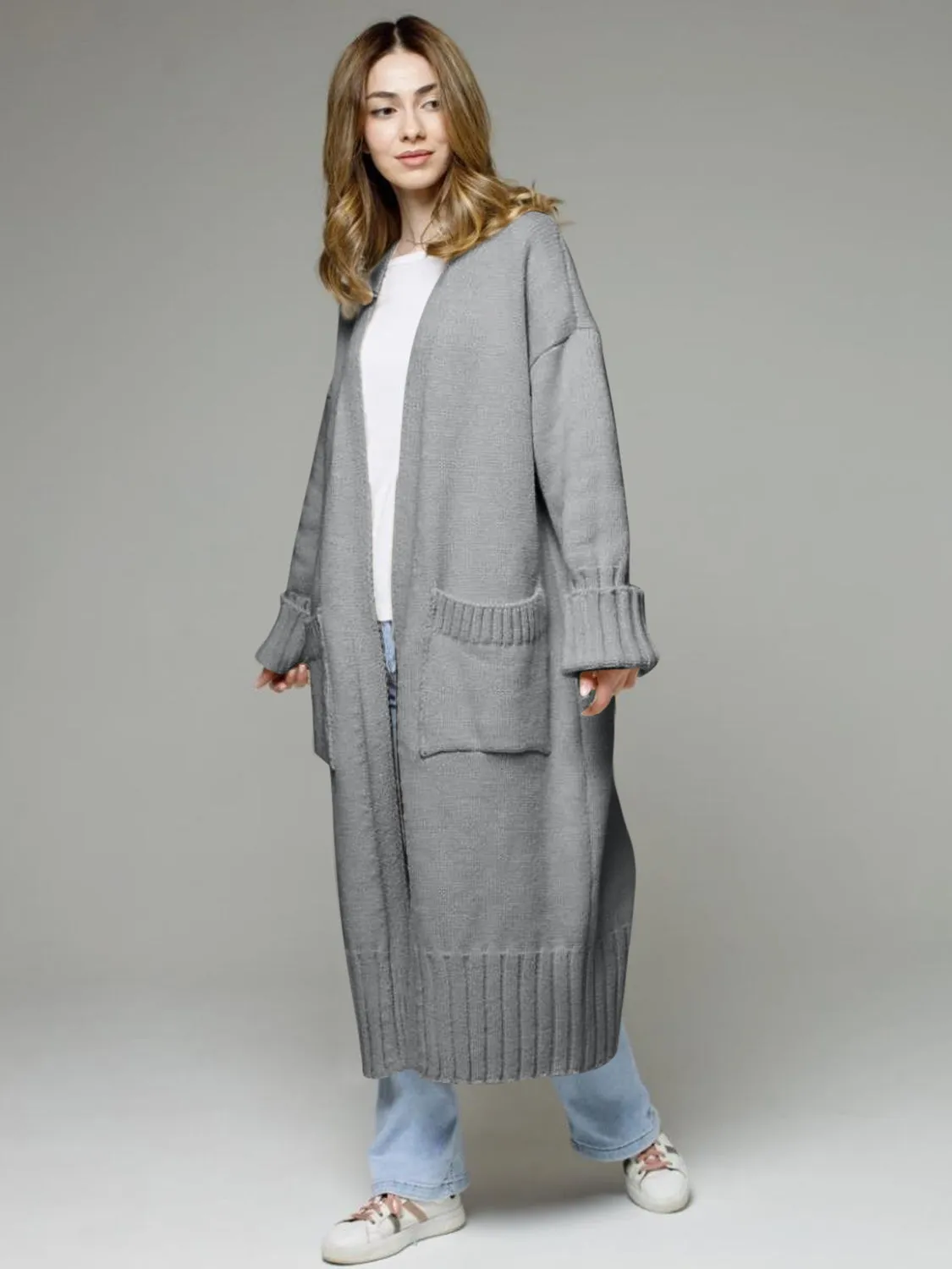 kesley Pocketed Open Front Dropped Shoulder Cardigan