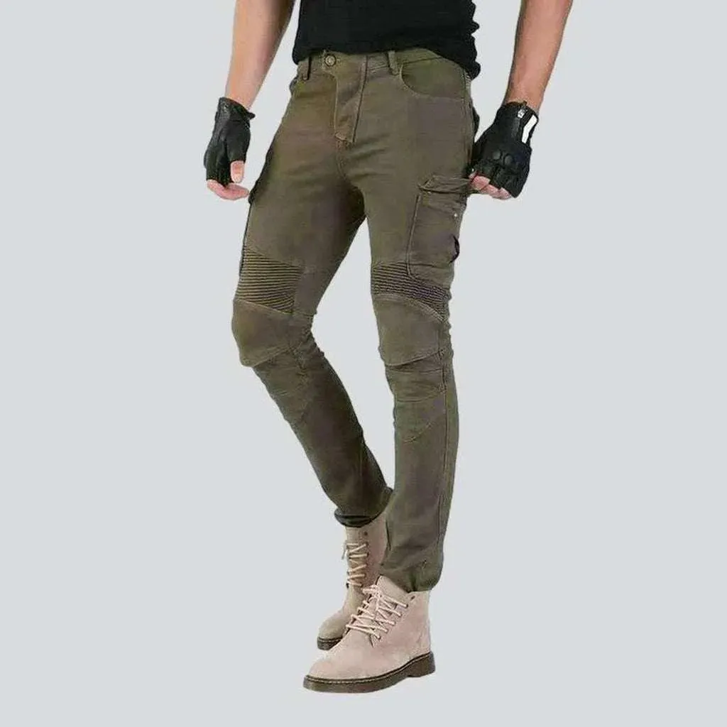 Khaki cargo men's biker jeans