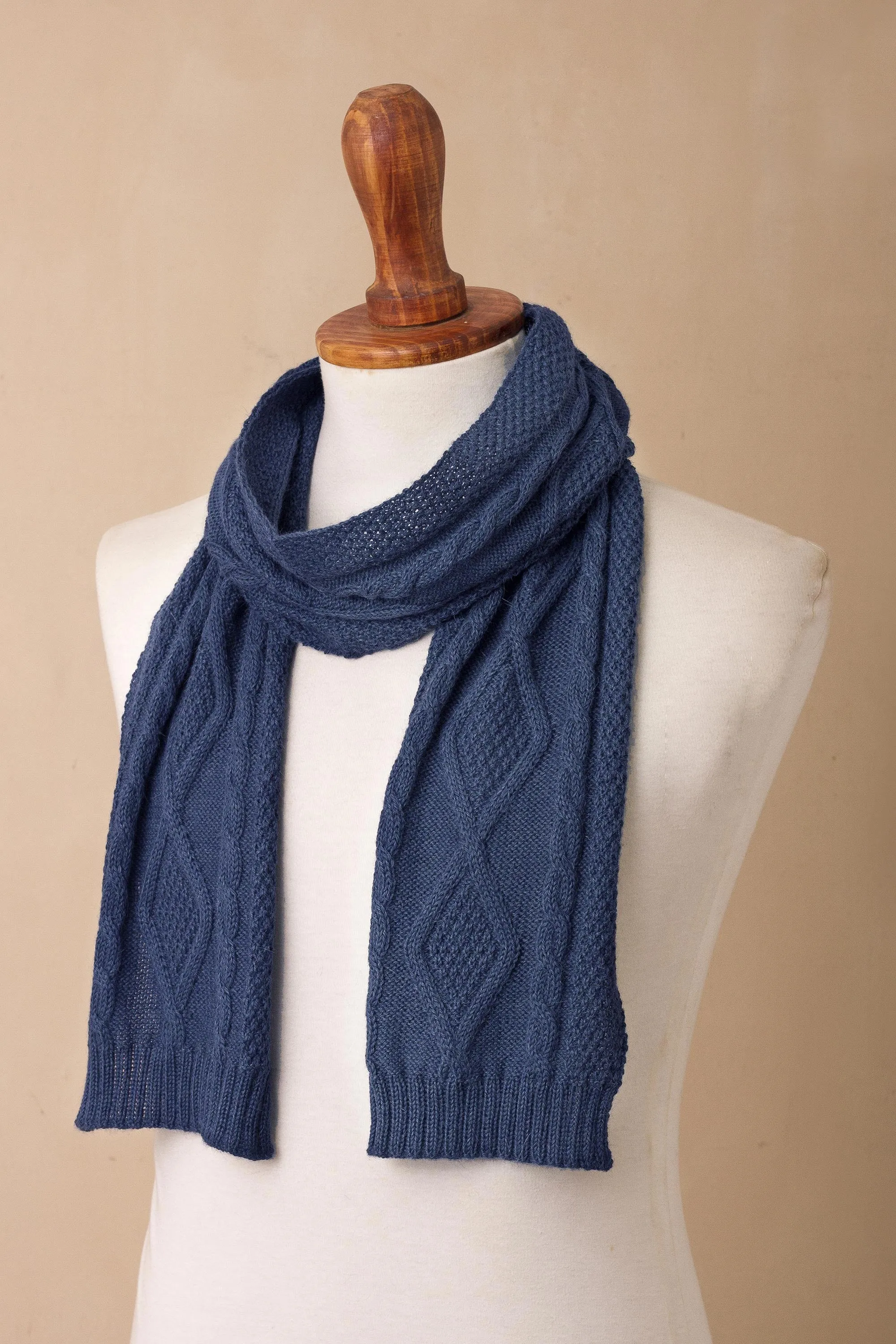 Knitted Unisex Scarf in Azure 100% Alpaca from Peru - Antique Cable Knit | NOVICA