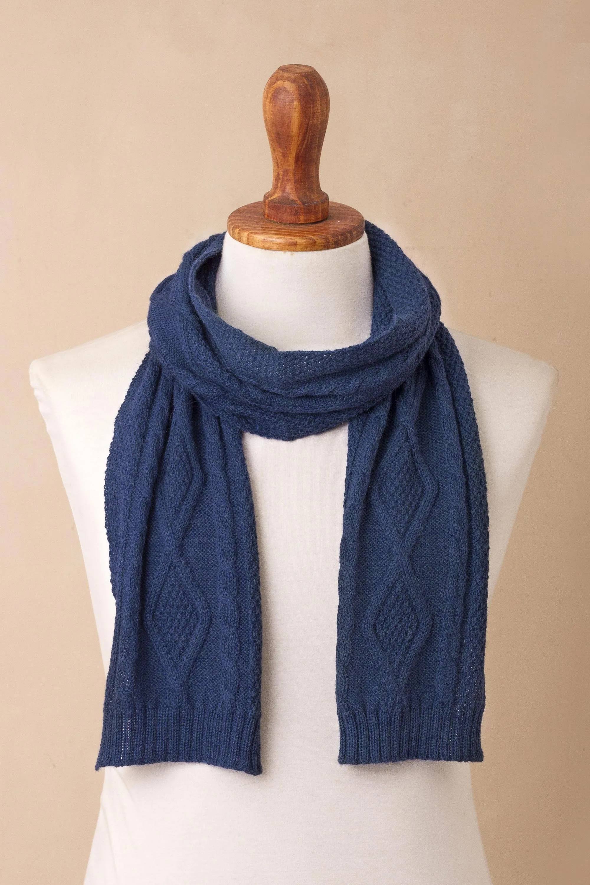 Knitted Unisex Scarf in Azure 100% Alpaca from Peru - Antique Cable Knit | NOVICA