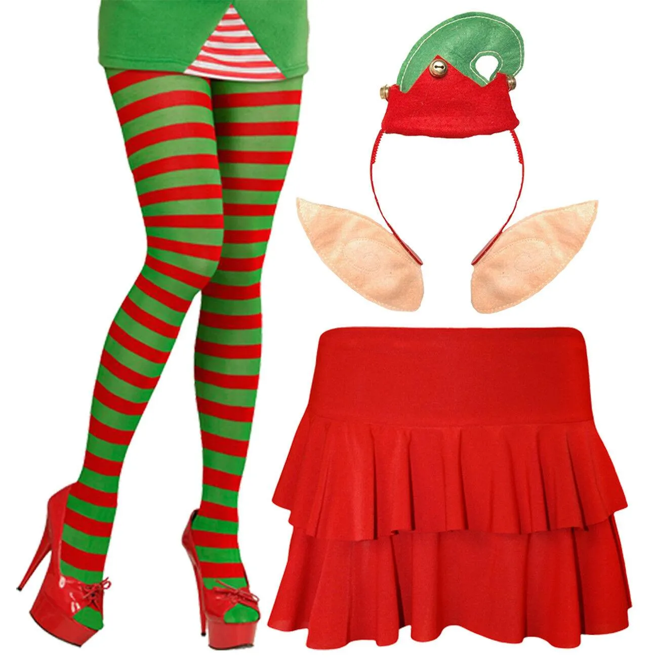 Ladies Christmas Sexy Santa Elf Tights Headbopper Rara Skirt Xmas Party Dress