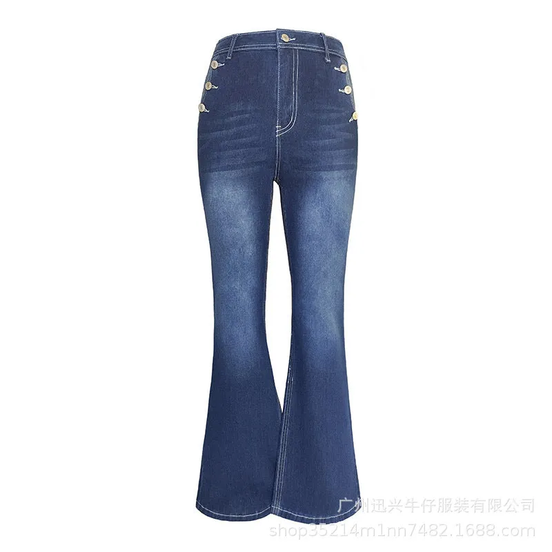 Lanfubeisi 2000s fashion Autumn and Winter Thickened Breasted High Waist High Elastic Retro Women's Jeans Slim Fit Slimming Pants Trousers