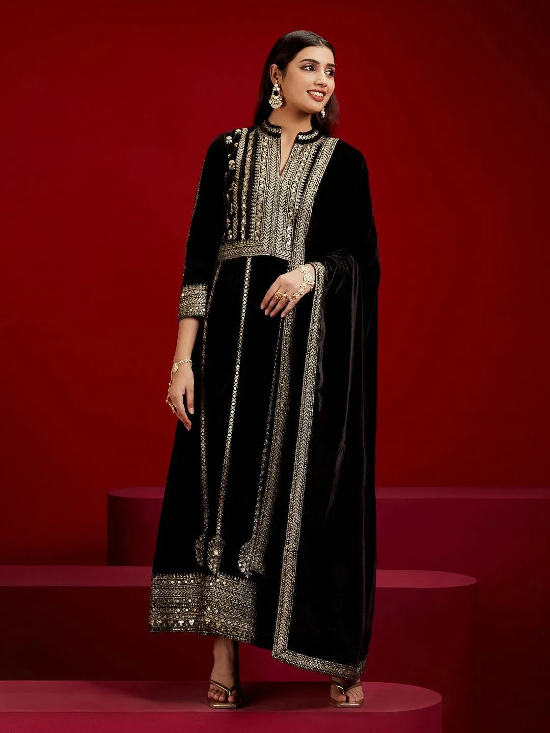 Libas Art Black Embroidered Velvet A-Line Kurta With Trousers & Dupatta