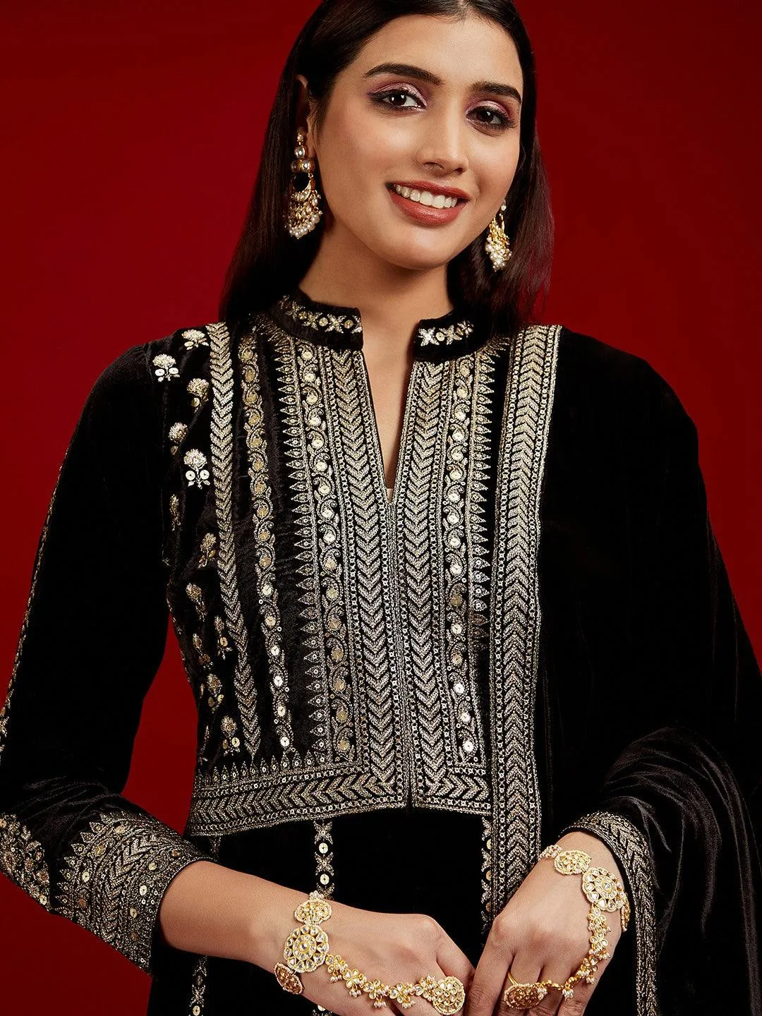 Libas Art Black Embroidered Velvet A-Line Kurta With Trousers & Dupatta