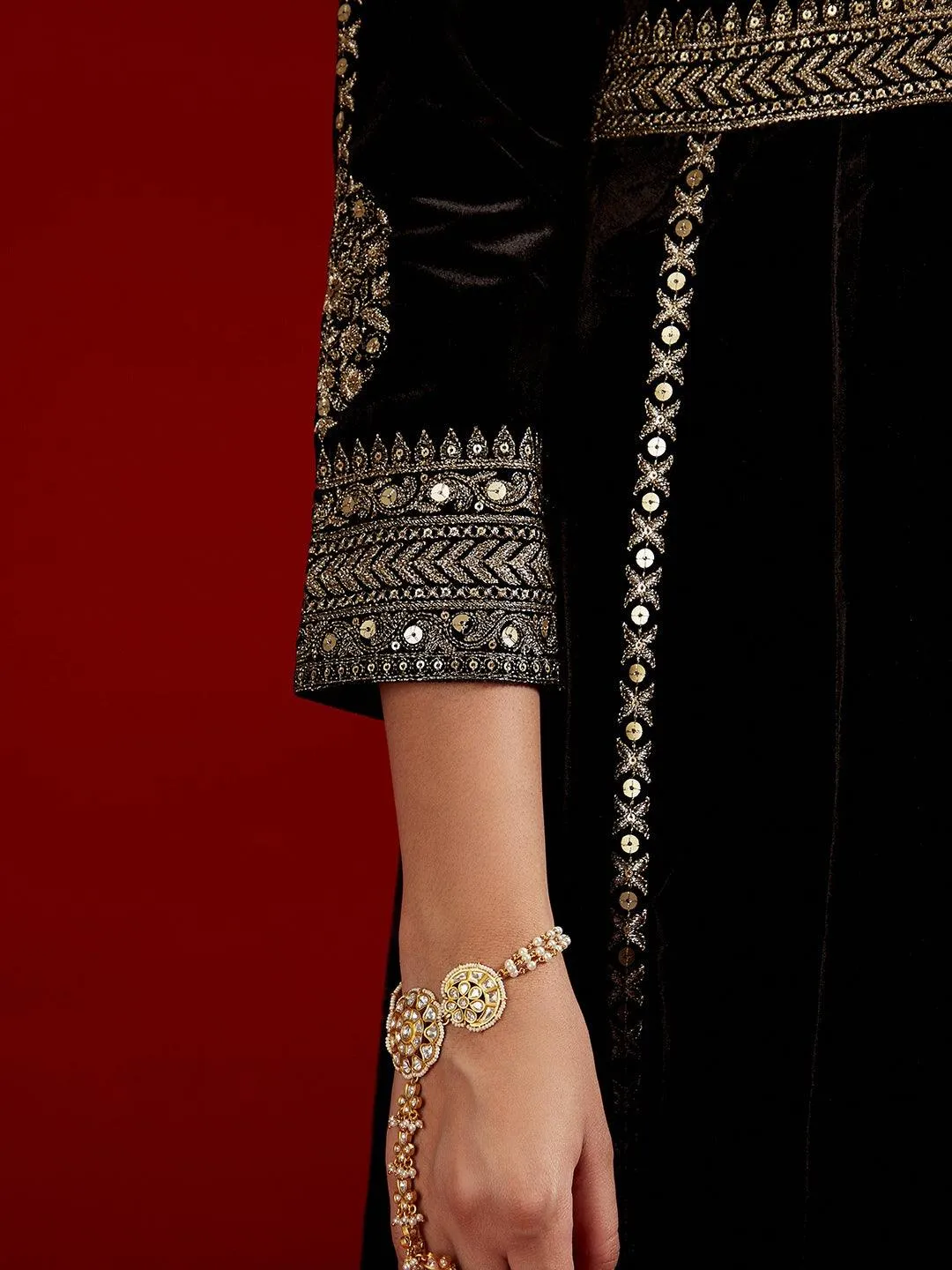 Libas Art Black Embroidered Velvet A-Line Kurta With Trousers & Dupatta