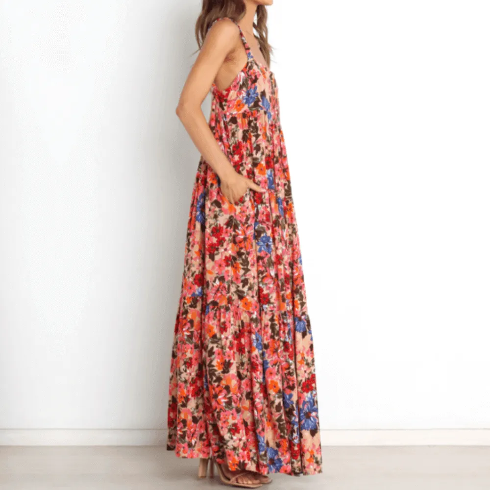 Low Back Floral Flowy Dress With Pockets