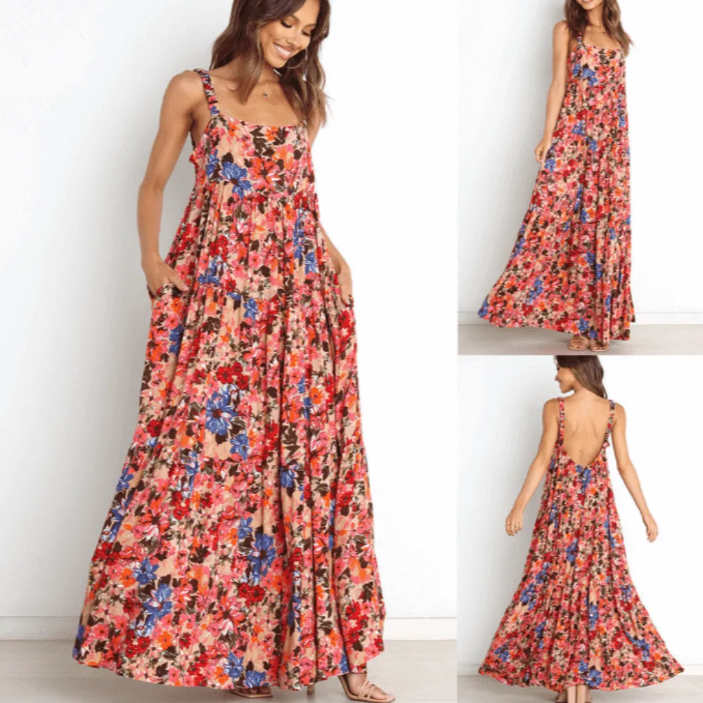 Low Back Floral Flowy Dress With Pockets