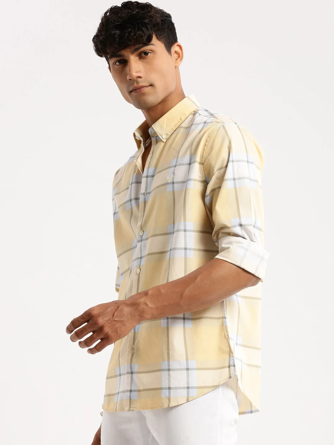 Men Yellow Spread Collar Windowpane Checks Shirt