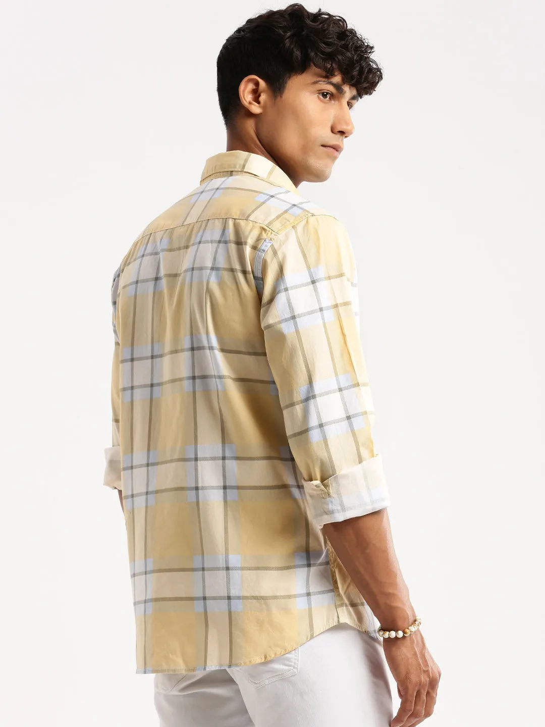 Men Yellow Spread Collar Windowpane Checks Shirt