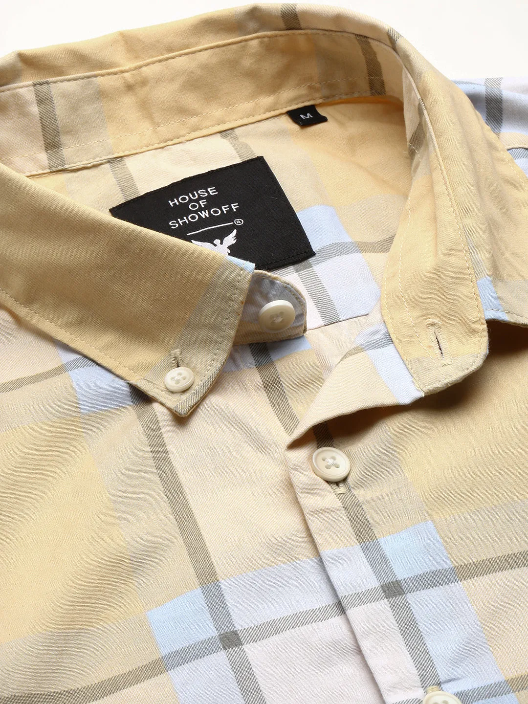 Men Yellow Spread Collar Windowpane Checks Shirt