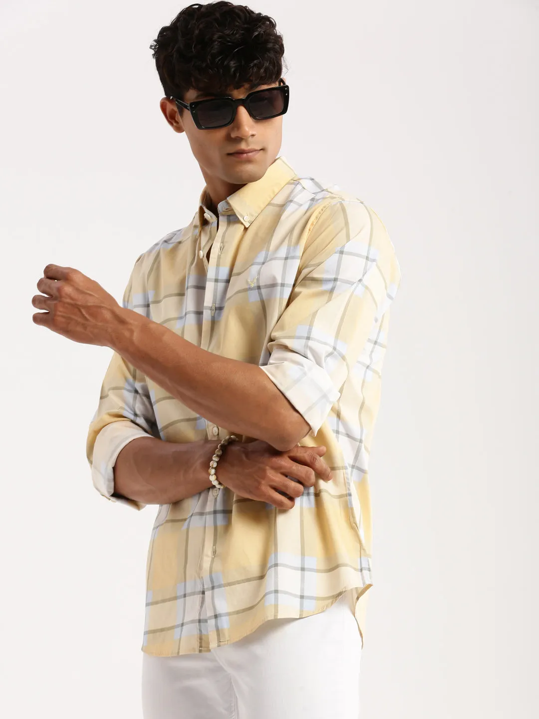 Men Yellow Spread Collar Windowpane Checks Shirt