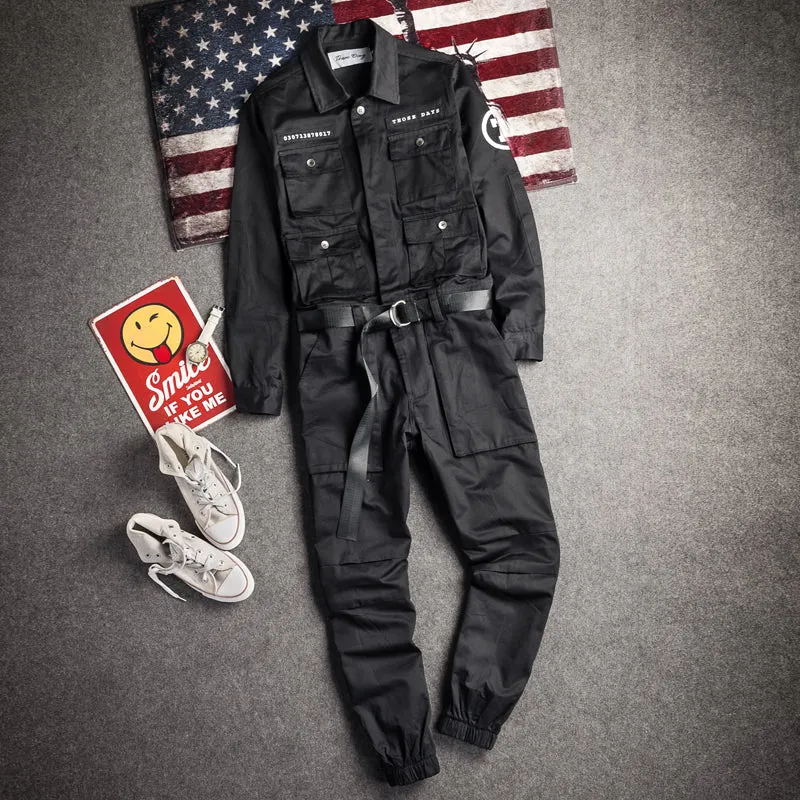 Men's Cargo Pants Long Sleeve Jumpsuit Vintage Jumpsuit Adjustable Straps and Handy Tool Pocket