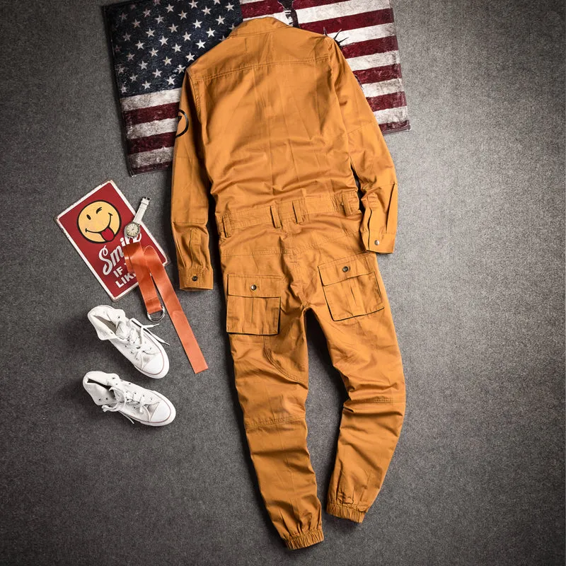 Men's Cargo Pants Long Sleeve Jumpsuit Vintage Jumpsuit Adjustable Straps and Handy Tool Pocket