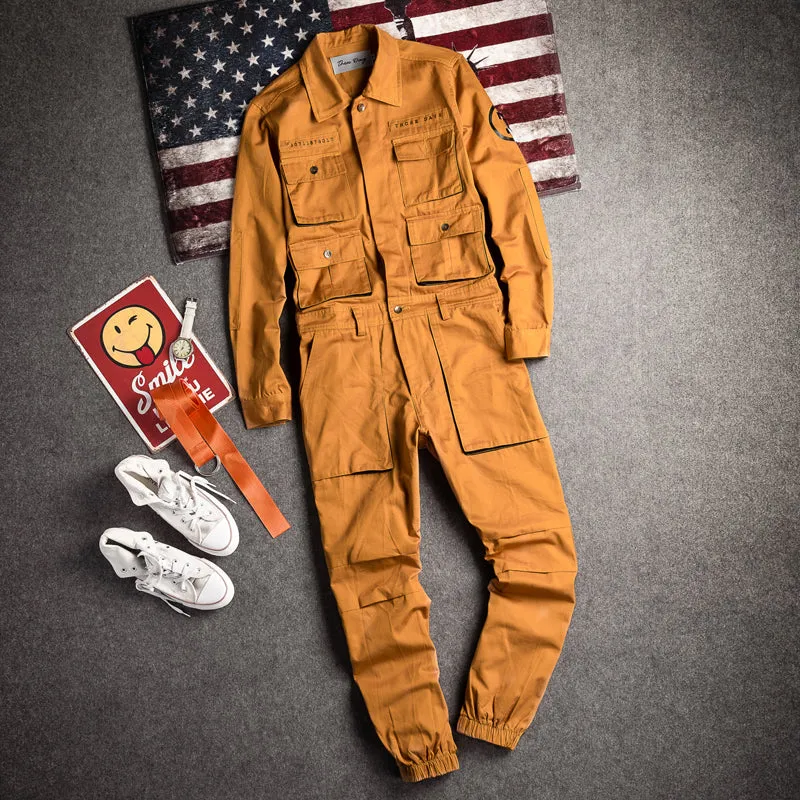 Men's Cargo Pants Long Sleeve Jumpsuit Vintage Jumpsuit Adjustable Straps and Handy Tool Pocket