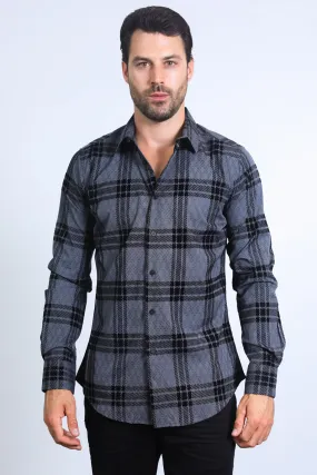 Men's Checkered Flocked Modern Fit Spandex Charcoal Shirt