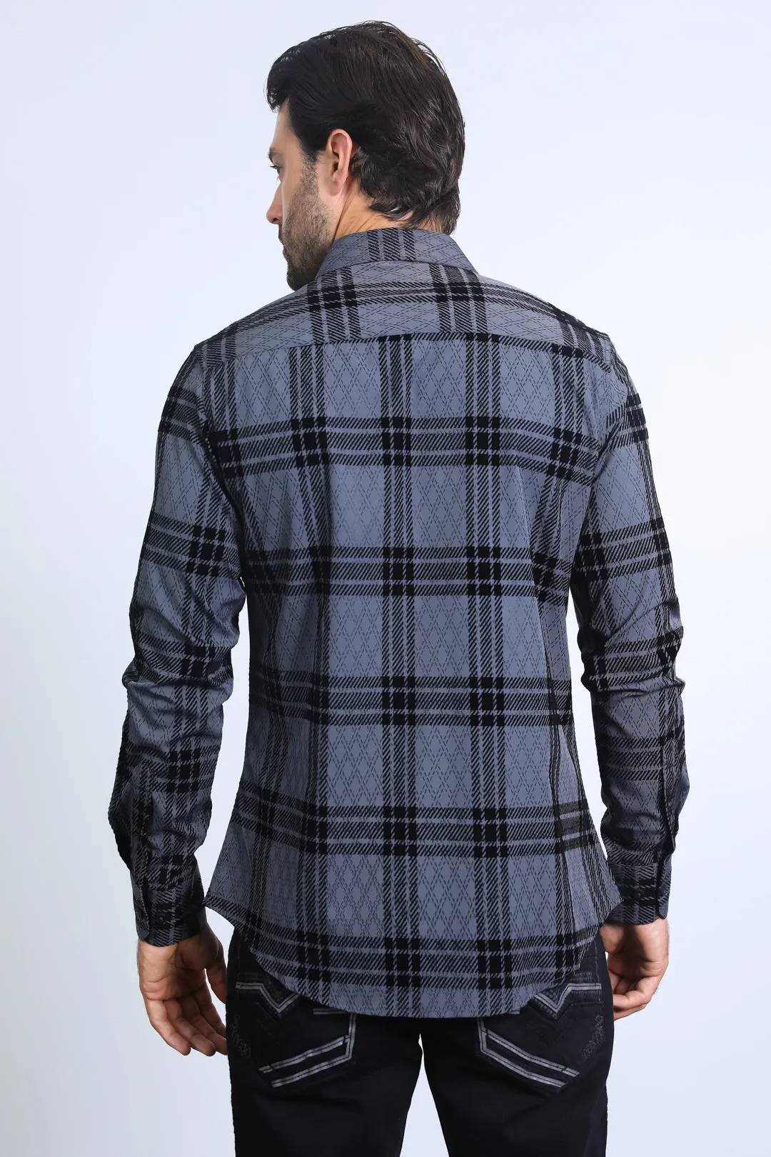 Men's Checkered Flocked Modern Fit Spandex Charcoal Shirt