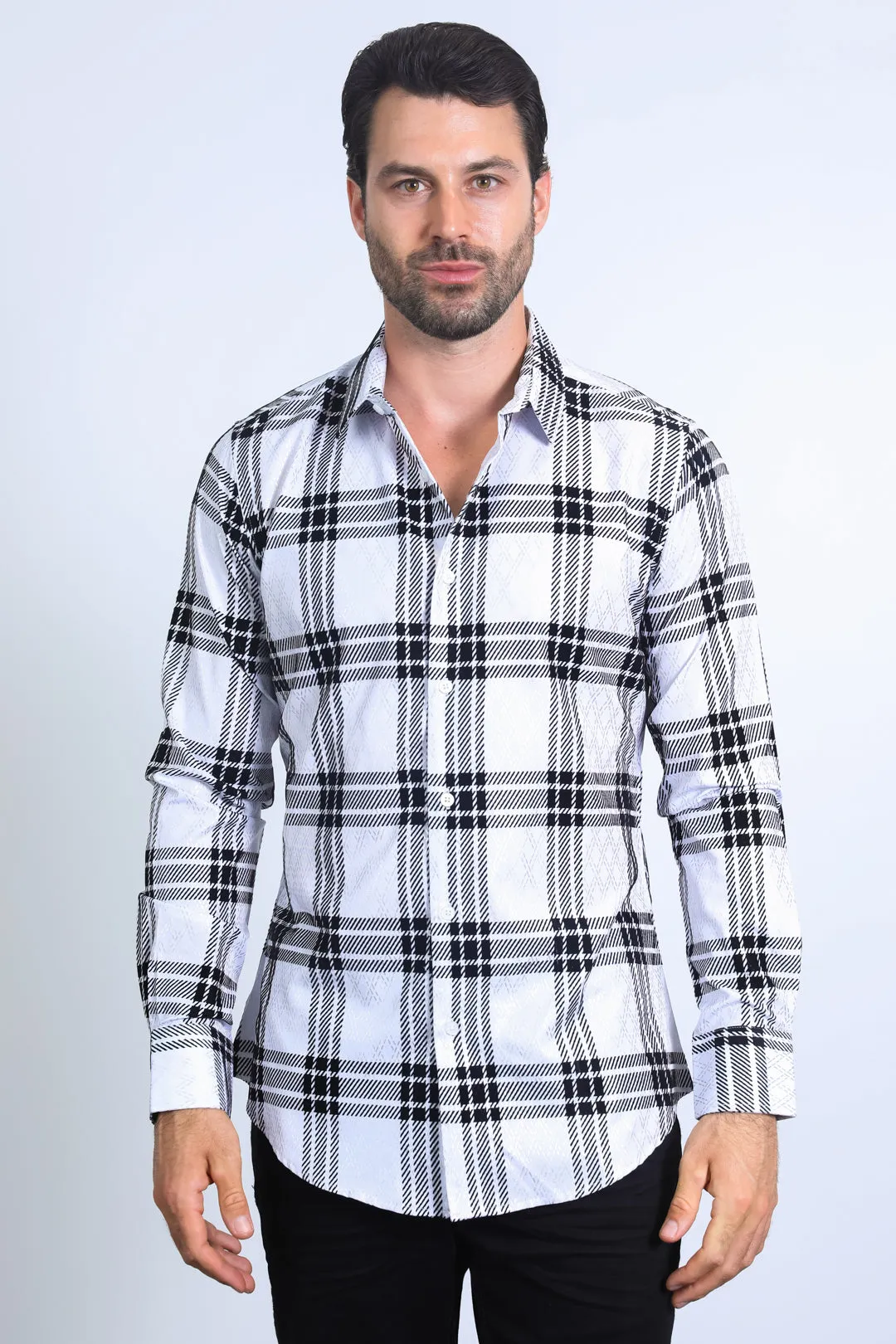 Men's Checkered Flocked Modern Fit Spandex White Shirt